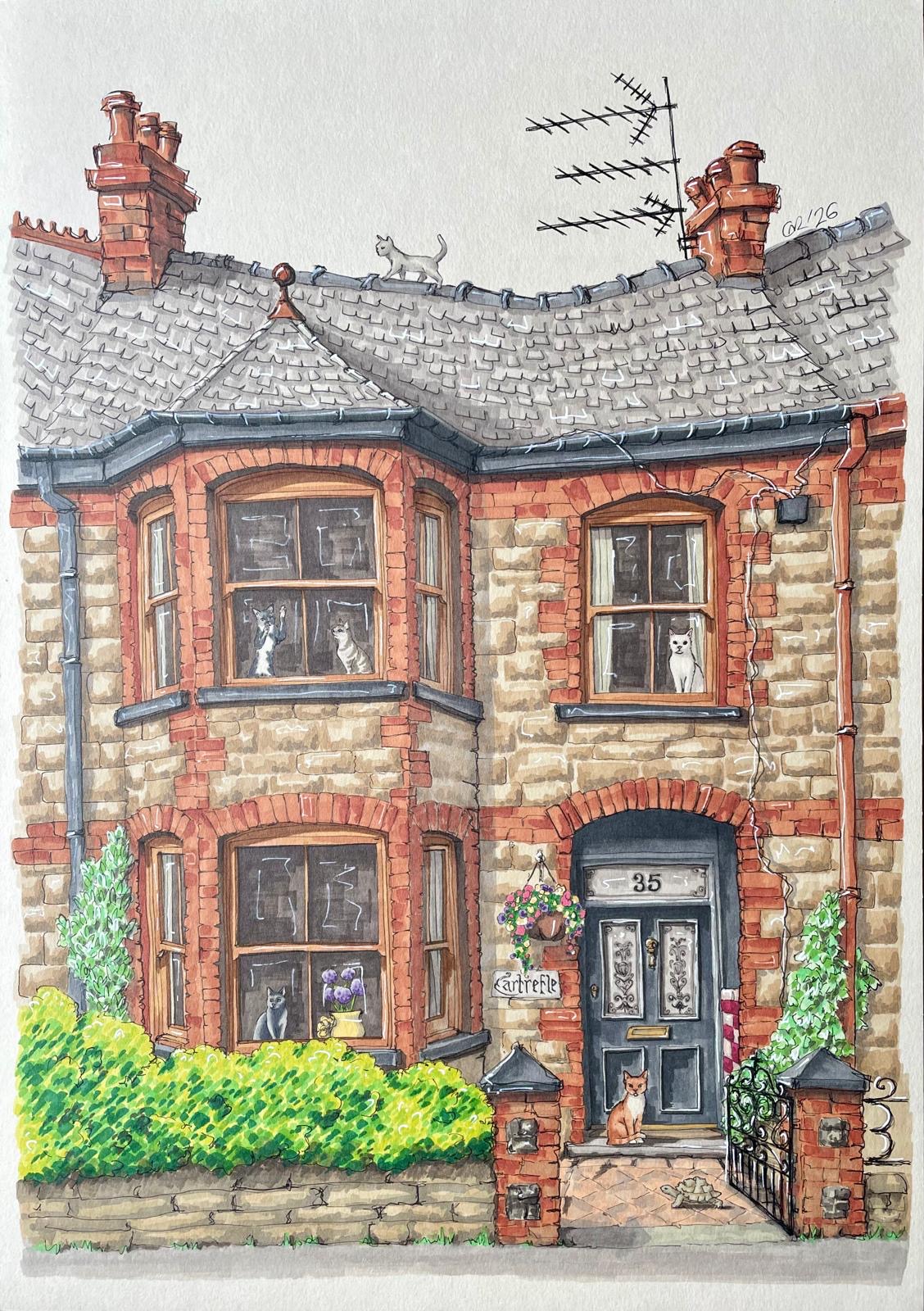 Pen and ink portrait of a Victorian brick terrace, cats in every window, a tortoise by the gate